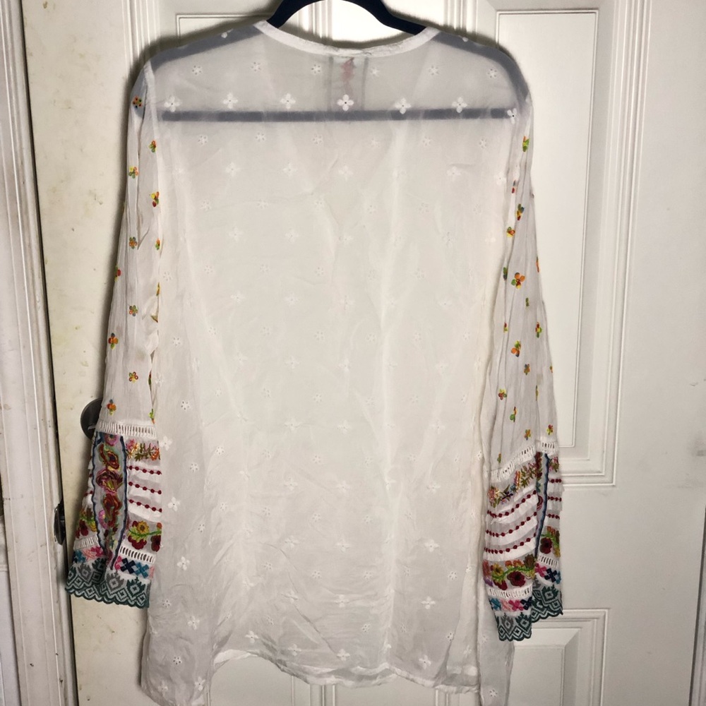 Johnny Was White Eyelet Simple All Over Embroidered Cuffs Peasant Tunic Blouse - Picture 7 of 14